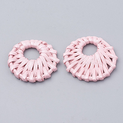 Handmade Spray Painted Reed Cane/Rattan Woven Pendants, For Making Straw Earrings and Necklaces, Dyed, Pearlized Effect, Flat Round, Pink, 39~43x5~5.5mm, inner diameter: 12~13mm
