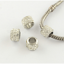 Rondelle argile à la main en strass polymère perles européennes, avec noyaux en laiton plaqué couleur argent, Perles avec un grand trou   , cristal, 9x7mm, Trou: 5mm