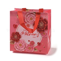 Sacs cadeaux pliants réutilisables non tissés avec poignée, motif de fleurs imprimées sur le thème de la fête des mères, sac à provisions imperméable portable pour emballage cadeau, rectangle, rouge, 11x21.5x23 cm, plier: 28x21.5x0.1 cm