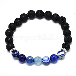 Lapis naturali perline lazuli allungano i braccialetti, con perle di roccia lavica sintetica e perle in lega, tondo, diametro interno: 2-1/8 pollice (5.5 cm), perline: 8.5 mm