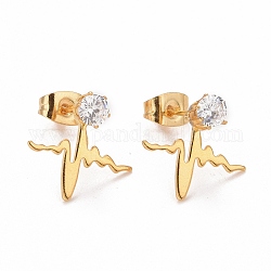304 Stainless SteelStud Earrings, with 316 Stainless Steel Pin & Glass Imitation Cubic Zirconia, Golden, 13x14.5mm, Pin: 0.7mm