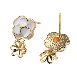 Brass Stud Earring Findings, with White Enamel and 925 Sterling Silver Pins, for Half Drilled Bead, Nickel Free, Flower, Real 18K Gold Plated, 16x9.5mm, Pin: 0.7mm