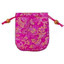 Chinese Style Flower Pattern Satin Jewelry Packing Pouches, Drawstring Gift Bags, Rectangle, Medium Violet Red, 10.5x10.5cm