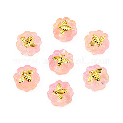 Transparente sprühlackierte Glasperlen, mit vergoldenden Messing Zubehör, Blume mit Bienen, rosa, 12x12x5 mm, Bohrung: 1 mm