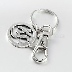 Alliage plat rond avec porte-clés symbole mark om, avec anneau en fer et en alliage pivotant homard fermoirs griffe, couleur mixte, 88mm