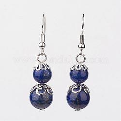 Lapis-lazuli balancent des boucles d'oreilles, avec des bouchons en laiton de perles et boucles d'oreilles crochets, ronde, 41mm, pin: 0.7 mm