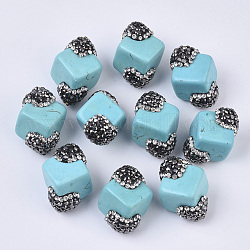 Perles de turquoise synthétique, avec argile polymère strass, cube, turquoise, 24.5~25.5x20.5x18mm, Trou: 0.8mm, pp12 (1.8~1.9mm)