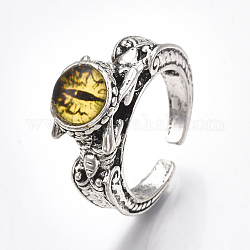 Сплав манжеты кольца пальцев, со стеклом, широкая полоса кольца, драконий глаз, античное серебро, желтые, размер США 8 1/2 (18.5 мм)