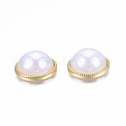 Perles d'imitation en plastique ABS plaqué, avec alliage de placage à crémaillère doré, demi-trou, sans cadmium et sans plomb, demi-rond / dôme, blanc, 18.5x9mm, demi-trou: 1.2 mm
