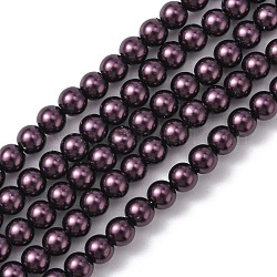 Grade A Glass Pearl Beads, Pearlized, Round, Purple, 4mm, Hole: 0.7~1.1mm, about 100pcs/Strand, 16''(40.64cm)