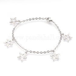 304 Stainless Steel Charm Bracelets, with Lobster Claw Clasps, Star, Stainless Steel Color, 8-1/8 inch(20.5cm), 2mm, Star: 14.5x12.5x0.7mm