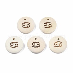 Laser Out Wood Pendants, Flat Round with 12 Constellations, Undyed, Cancer, 15x4mm, Hole: 1.6mm