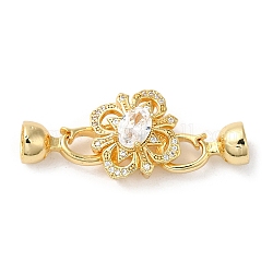 Rack Plating Brass Pave Clear Cubic Zirconia Fold Over Clasps, Cadmium Free & Lead Free, Long-Lasting Plated, Flower, Golden, Flower: 15x15x10mm, Clasp: 15x7x7mm, Inner Diameter: 5.5mm