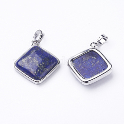 Pendentifs en lapis lazuli naturel, avec les accessoires en laiton, losange, platine, 25x29x7mm, Trou: 5x7mm, 18x18mm