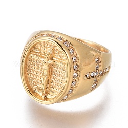 イオンプレーティング（ip）304ステンレスフィンガー指輪  ラインストーン付き  イースターのために  十字架クロス  ゴールドカラー  サイズ8~13  18~22mm