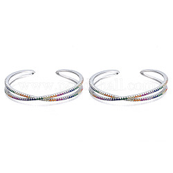 Bracelet de manchette croisé en zircone cubique colorée, bracelet ouvert en fil de laiton pour femme, sans nickel, Platine plaqué réel, diamètre intérieur: 2-1/4 pouce (5.6 cm)