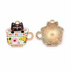 Japanese Style Print Alloy Enamel Pendants, Cup with Cat Charms, Cadmium Free & Lead Free, White, 22.7x22.5x1.8mm, Hole: 1.8mm and 4x3mm