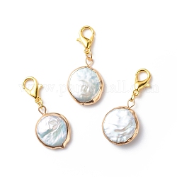 Keshi Pearl Pendant Decorations, Lobster Clasp Charms, Clip-on Charms, for Keychain, Purse, Backpack Ornament, Stitch Marker, Flat Round, Golden, 31mm