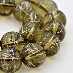 Silver Drawbench Crackle Glass Round Bead Strands, Olive, 14mm, Hole: 1mm,  about 30pcs/strand, 14.96inch