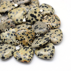 Coeur dalmatien naturel pendentifs jaspe, avec les accessoires en laiton de tonalité de platine, 20~22x20~21x5~8mm, Trou: 2x7mm