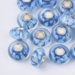 Perline murano europeo fatto a mano, fiore interno, perline con foro grande, con anime singole in ottone placcato color argento, rondelle, dodger blu, 14x7.5mm, Foro: 4 mm