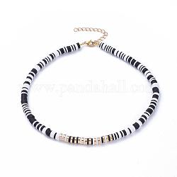 Handmade Polymer Clay Heishi Beaded Necklaces, with Brass Beads, Non-magnetic Synthetic Hematite Beads and 304 Stainless Steel Lobster Claw Clasps, Black, 14.96 inch(38cm)