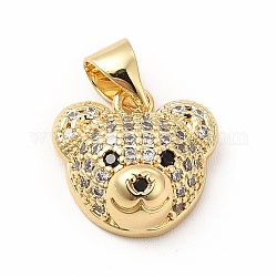 Rack Plating Brass Micro Pave Cubic Zirconia Charms, Cadmium Free & Lead Free, Real 18K Gold Plated, Long-Lasting Plated, Bear Head Charm, Clear, 11.5x12x5mm, Hole: 3.5x4.5mm