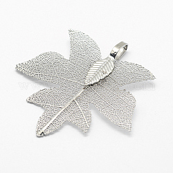 Brass Plated Natural Leaf Pendants, Long-Lasting Plated, Leaf, Platinum, 38x34.5x0.5mm, Hole: 3x5mm