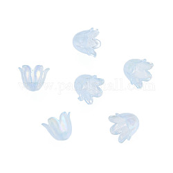 Tapas de abalorios acrílicas de jalea de imitación de 6 pétalo, color de ab chapado, flor, azul claro, 11.5x10.5x8.5mm, agujero: 1.4 mm, aproximamente 2100 unidades / 500 g