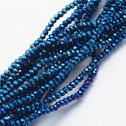 Abalorios de vidrio electroplate hebras, lleno chapado, facetados, rerondana plana, azul chapado, 2.5x1.5mm, agujero: 0.5 mm, aproximamente 197~201 unidades / cadena, 12.9 pulgada (33 cm)