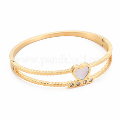 Bracelet jonc coeur coquillage naturel avec strass, bracelet articulé en acier inoxydable pour femme, or, diamètre intérieur: 2x2-1/4 pouce (5x5.7 cm)