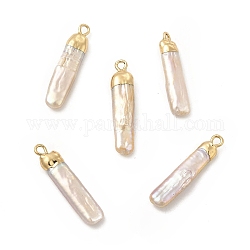 Baroque Natural Keshi Pearl Pendants, Rectangle Charms, with Brass Loops, Light Gold, 25~27x4~6x3~6mm, Hole: 1.8mm
