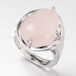 Anelli a fascia larga regolabile con pietre preziose in ottone color platino a goccia, quarzo rosa, 18mm, vassoio: 20x17mm