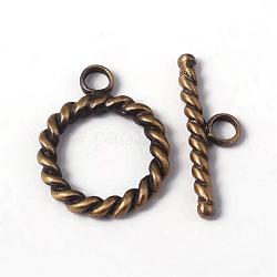 Antique Bronze Twisted Round Brass Toggle Clasps, Ring, Ring: 29X23X4mm, Bar: 31X10X3.5mm, Hole: 4mm