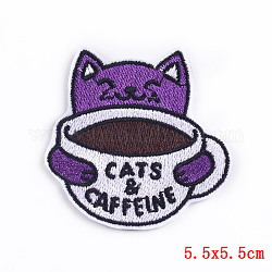 Tela de bordado computarizado con tema de gato para planchar/coser parches, accesorios de vestuario, violeta oscuro, 55x55mm