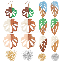 Superfindings bricolage 6 paires de boucles d'oreilles en bois de feuilles et de fleurs, y compris pendentifs, boucles d'oreilles en laiton et anneau de saut, couleur mixte, pendentif: 12 pièces