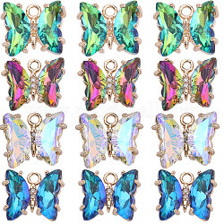 SUNNYCLUE 32Pcs 4 Colors Brass with Glass Charms, with Crystal Rhinestone, Butterfly, Mixed Color, 10x12x4mm, Hole: 1.2mm, 8pcs/color