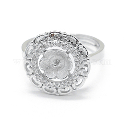 Componenti regolabili per anello da dito in argento sterling placcato rodio, per mezzo forato perle, con zirconi, chiaro, platino, formato 925, 7mm, ago :17mm