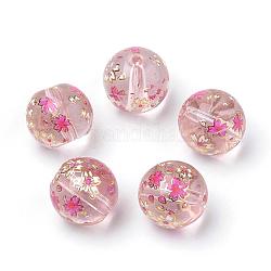 Gedruckt Glasperlen, Runde mit Blumenmuster, rosa, 10x9 mm, Bohrung: 1.5 mm