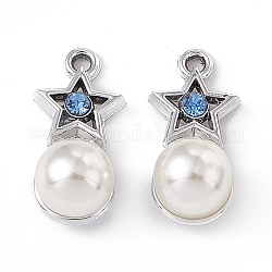 Pendenti strass in lega, con perle di plastica imitazione perla in abs, stella con fascino rotondo, platino, 19x9x8mm, Foro: 1.4 mm