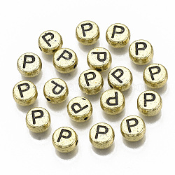 Perline acrilico placcato, foro orizzontale, piatta e rotonda con la lettera, oro placcato, nero, letter.p, 7x4mm, foro: 1.2mm.
