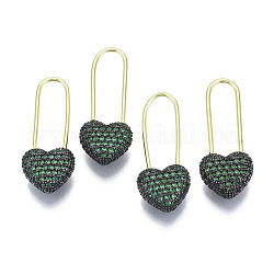 Brass Safety Pins Earrings, with Cubic Zirconia, Heart, Real 16K Gold Plated, Nickel Free, Sea Green, 27x10.5x4.5mm, pin: 1mm