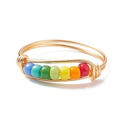 Кольцо на палец из стеклянных бусинок цвета радуги, украшения из медной проволоки для женщин, красочный, размер США 8 1/4 (18.3 мм)