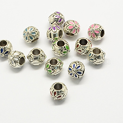 Legierung Rhinestone-Emaille-Stil European Beads, großes Loch runde Perlen mit Blume, Mischfarbe, 10x9 mm, Bohrung: 4.5 mm