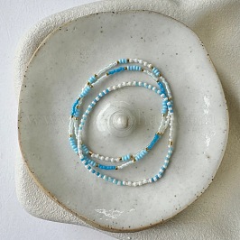 3-teiliges Set aus dehnbarem Armband aus Glasperlen für Damen, Zylinderförmig und Rund, Himmelblau, 6.50 Zoll (16.5 cm)