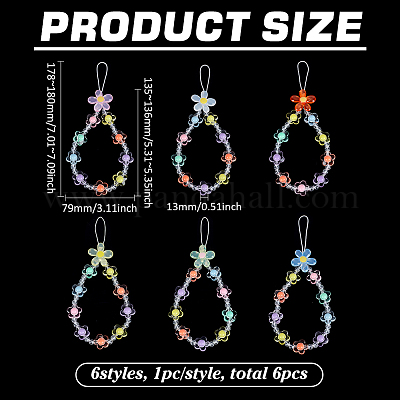 6 шт. 6 стиля красочные цветочные смоляные бусины цепочки мобильные ремешки&nbsp;AJEW-FG0007-34-1