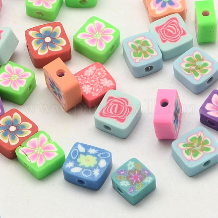 Handmade Polymer Clay Square with Flower Beads CLAY-Q214-8mm-M-1