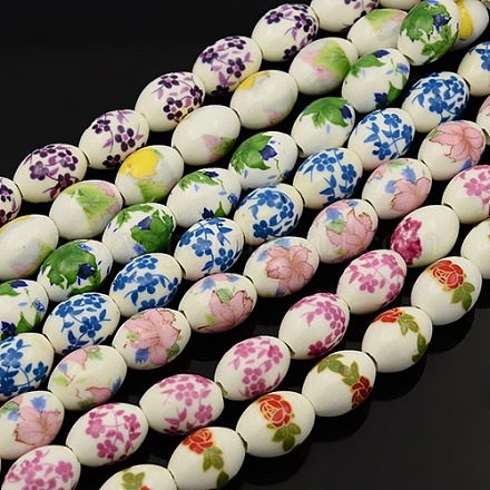 Handmade Flower Printed Porcelain Oval Beads Strands PORC-L005-B-M-1