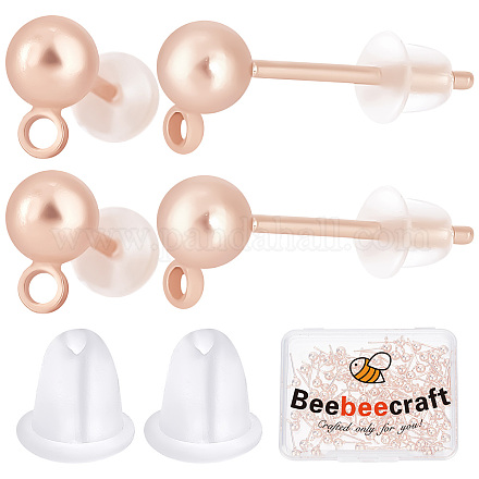 Beebeecraft 1 scatola 100 pezzi risultati di orecchini a sfera in acciaio inossidabile componenti per orecchini a perno in oro rosa con anello e 100 pezzi dadi in plastica per creazione di gioielli da donna STAS-BBC0001-79-1