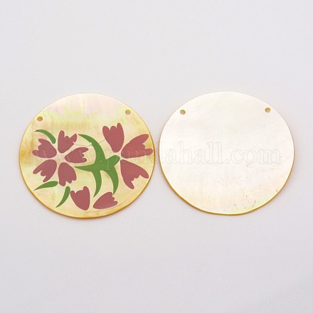 Natural Yellow Shell Large Flower Printed Flat Round Pendants SSHEL-O002-05-1